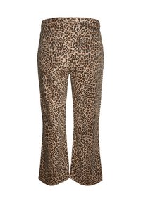 Pantaloni a gamba larga con stampa leopardata, tasche posteriori e vita alta, mostrati da dietro su uno sfondo bianco.