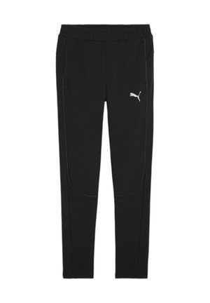 Pantalons de sport noirs avec une taille à cordon, poches latérales, logo Puma blanc et détails de couture contrastants le long des coutures.