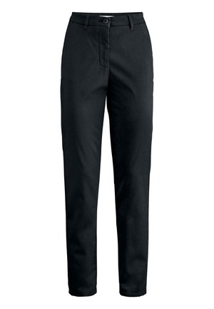 Schwarze Chinos aus einem Baumwollmix, mit Reißverschluss, Einzelknopfverschluss, zwei Vordertaschen und geradem Bein.