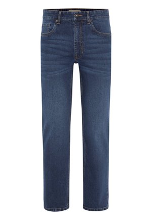 Einfache dunkelblaue Jeans aus Denim mit geradem Schnitt, fünf Taschen und sichtbaren Nähten an den Säumen.