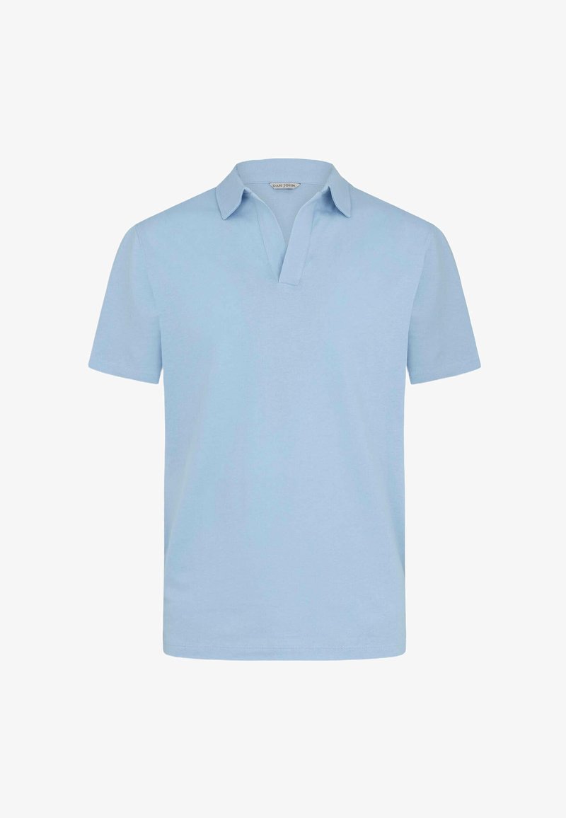 Polo a maniche corte azzurro chiaro con collo aperto e senza bottoni, realizzata in morbido cotone.
