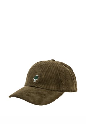 Gorra de béisbol marrón de pana con un pequeño emblema verde de árbol bordado en el panel frontal central.