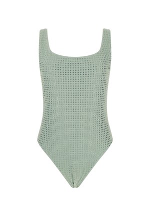 Menta z�öld egyrészes fürdőruha, négyzet alakú dekoltázzsal, texturált felülettel, amelyet kis fémes szegecsek díszítenek.