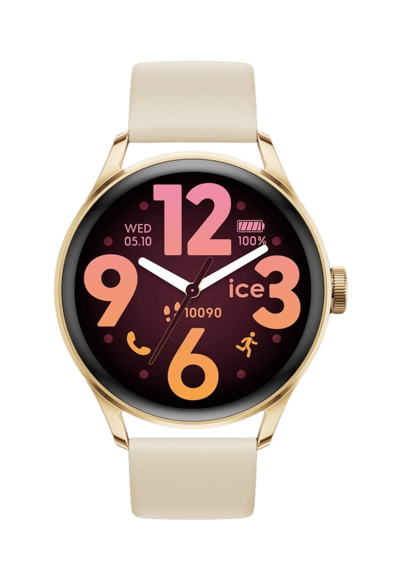 Orologio intelligente con quadrante rotondo nero, rifiniture dorate, grandi numeri rosa e arancioni, cinturino in silicone bianco e diverse icone di attività.