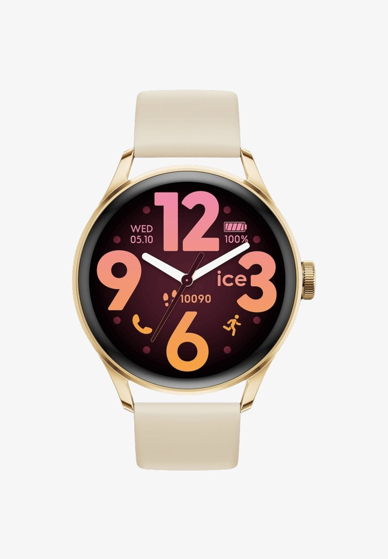 Orologio intelligente con quadrante rotondo nero, rifiniture dorate, grandi numeri rosa e arancioni, cinturino in silicone bianco e diverse icone di attività.