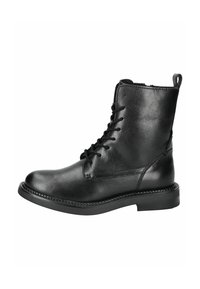 Black leather ankle boots with a smooth finish, round toe, lace-up design, and a sturdy rubber sole. Features a rear pull tab.