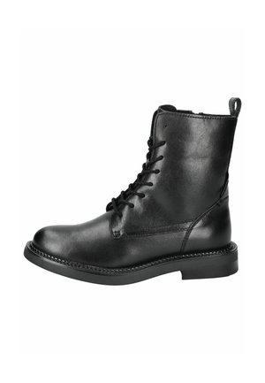 Black leather ankle boots with a smooth finish, round toe, lace-up design, and a sturdy rubber sole. Features a rear pull tab.