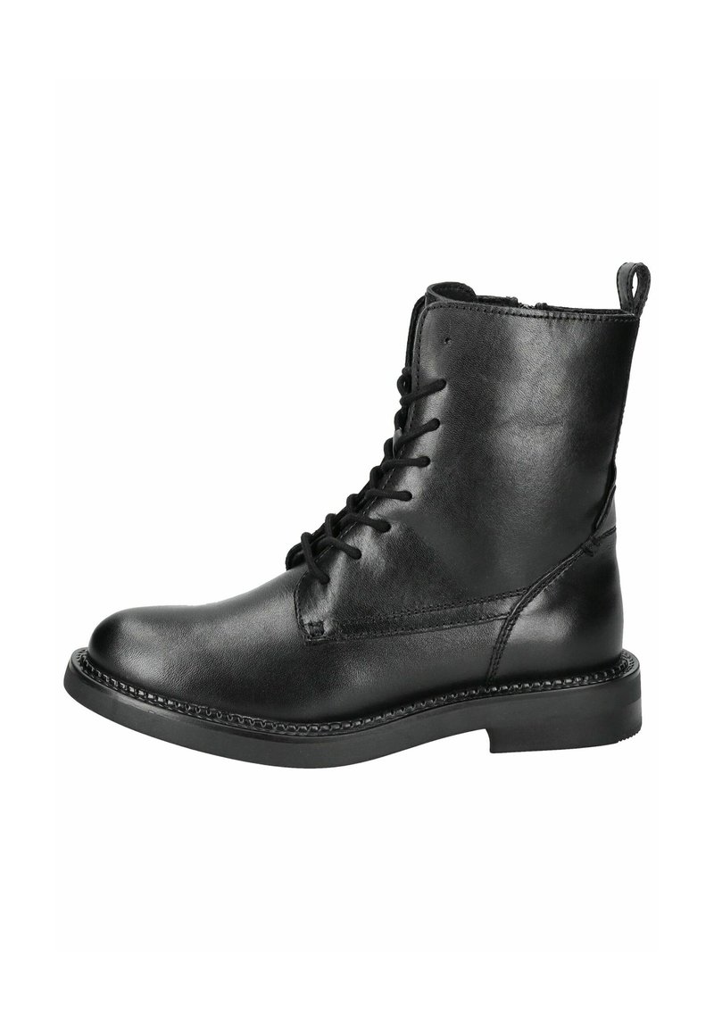 Black leather ankle boots with a smooth finish, round toe, lace-up design, and a sturdy rubber sole. Features a rear pull tab.