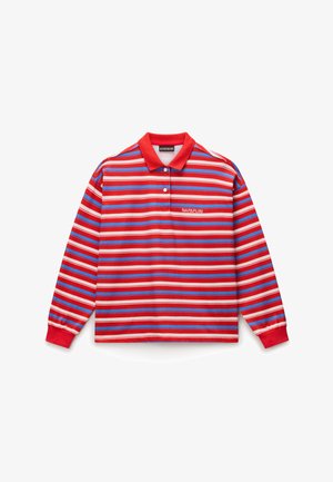 Polo à manches longues à rayures horizontales rouge, blanc et bleu, col et poignets rouges, avec le logo "NAPAPIJRI" sur la poitrine.