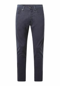 Dunkelblaue Baumwollhose mit geradem Bein, stabiler Taille, Gürtelschlaufen und Fronttaschen. Glatte Textur, minimalistische Details.