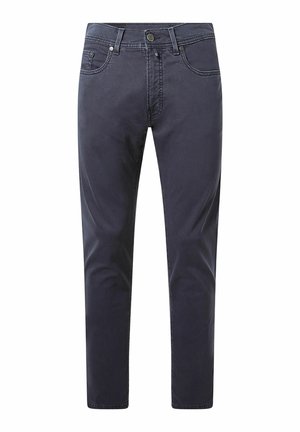 Dunkelblaue Baumwollhose mit geradem Bein, stabiler Taille, Gürtelschlaufen und Fronttaschen. Glatte Textur, minimalistische Details.
