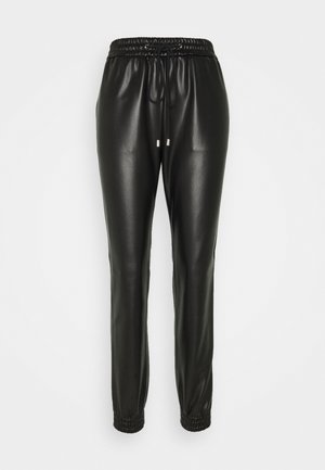 Zwarte joggerbroek van nep leer met elastische tailleband, trekkoord en elastische boorden.