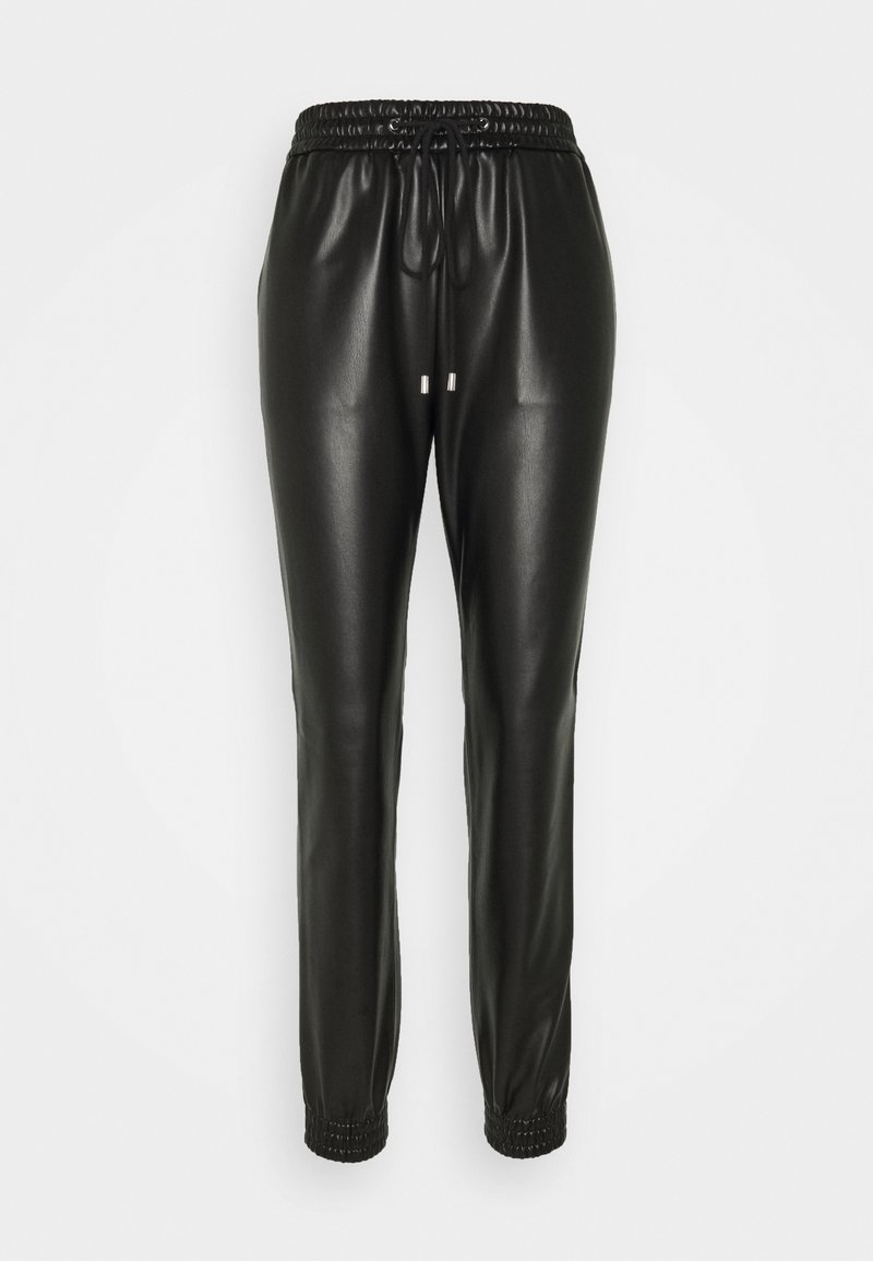 Pantalon de jogging noir en similicuir avec taille élastique, cordon de serrage et poignets élastiques.