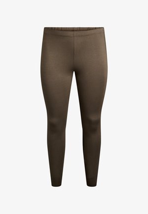Bruine leggings met een gladde textuur, elastische tailleband, aansluitend ontwerp en enkel-lange snit. Geen zichtbare patronen of versieringen.