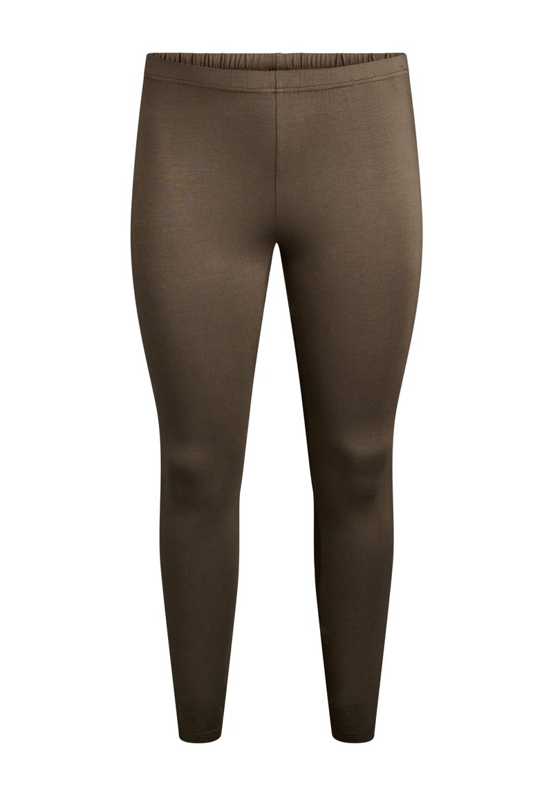 Braune Leggings mit glatter Textur, elastischem Taillenbund, tailliertem Schnitt und knöchellangem Design. Keine sichtbaren Muster oder Verzierungen.