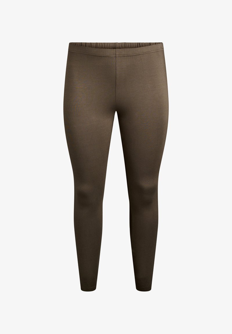 Leggings bruns avec une texture lisse, taille élastique, design ajusté et coupe à la cheville. Aucune motif ou embellissement visible.