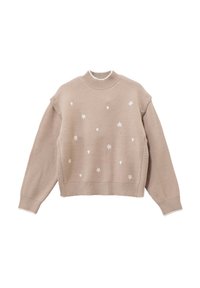 Maglione beige a maglia con un alto colletto a coste, maniche corte e ricami bianchi di fiori e cuori. Tessuto testurizzato con spacchi laterali.