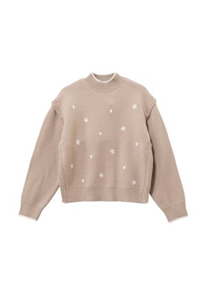 Suéter beige de punto con un alto cuello acanalado, mangas cortas y bordados de flores blancas y corazones. Tejido texturizado con aberturas laterales.