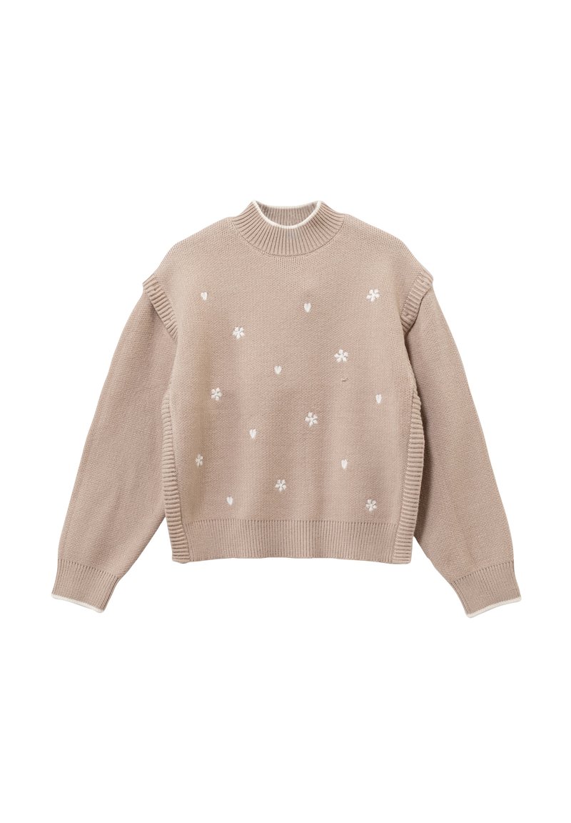 Maglione beige a maglia con un alto colletto a coste, maniche corte e ricami bianchi di fiori e cuori. Tessuto testurizzato con spacchi laterali.