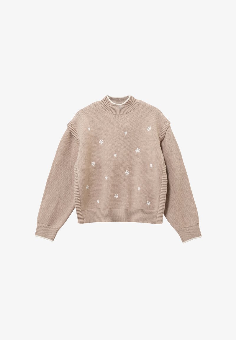 Maglione beige a maglia con un alto colletto a coste, maniche corte e ricami bianchi di fiori e cuori. Tessuto testurizzato con spacchi laterali.