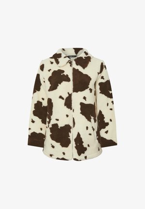 Giacca in pile con un motivo a macchie di mucca nei colori marrone e crema. Presenta un colletto, una zip completa e tasche laterali. Tessuto morbido.