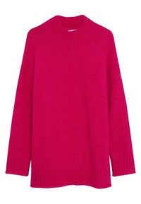 Maglione fucsia a maglia con scollatura rotonda, polsini e orlo a coste, e vestibilità comoda. La texture del tessuto appare morbida e accogliente.