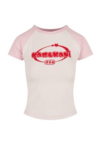 Short-sleeved T-shirt with pink raglan sleeves and a white body, featuring bold red "KARL KANI" logo and hearts design.