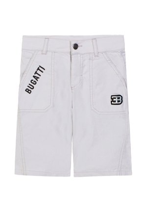 White shorts with front pockets, black button, "BUGATTI" text on left pocket, and embroidered "EB" logo on right pocket.