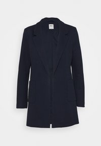 Navy blazer s klopami, otevřeným předním dílem, dvěma předními kapsami a hladkou texturou. Ideální pro formální i neformální nošení.