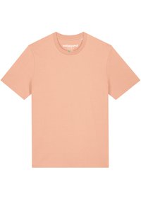 Korte mouwen t-shirt in een gedimd perzik-kleur, gemaakt van zachte stof. Heeft een ronde halslijn en een eenvoudig, onversierd ontwerp.