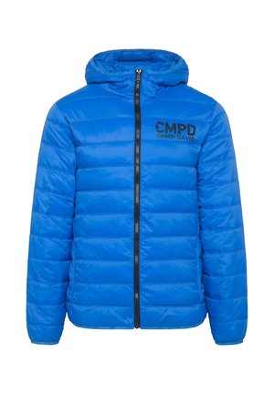 Blue puffer jacket with a hood, featuring a zippered front, black logo text on the chest, and quilted texture throughout.