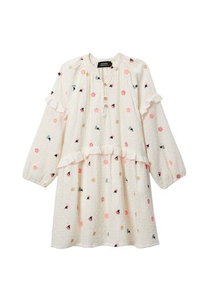 Robe crème à manches longues avec petits motifs floraux roses, jaunes et noirs, boutons en bois sur la poitrine et détails volantés à la taille et aux manches.