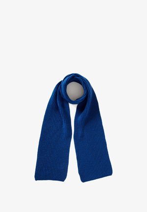 Écharpe tricotée côtelée bleue avec une texture douce, présentant un design long qui tombe élégamment. Aucun matériel ou motif visible.