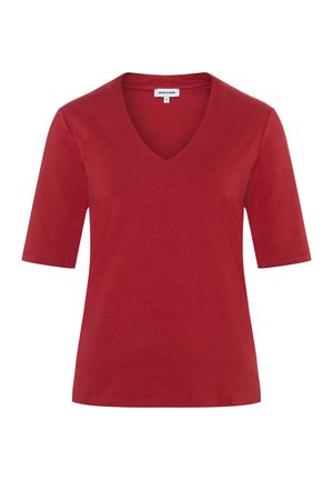 Red short-sleeve V-neck shirt with a small white label at the collar that reads "MORE & MORE" and size 36.