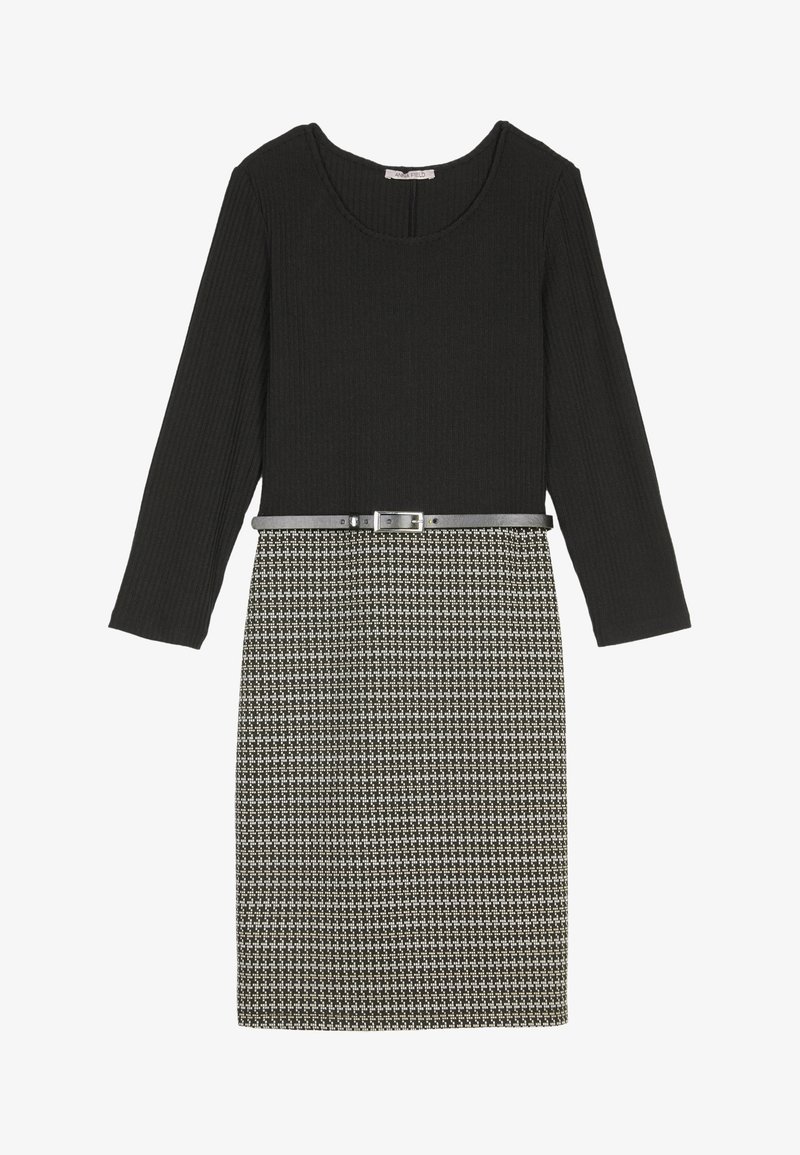 Black ribbed top dress with long sleeves, a fitted waist, and a patterned black and white skirt. Includes a detachable silver belt.