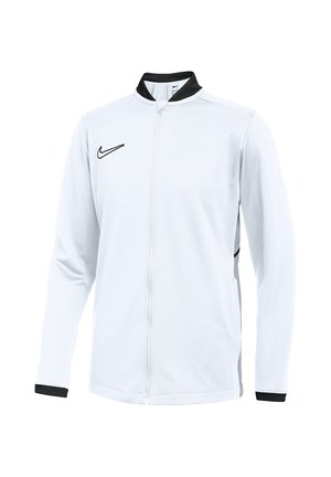 Giacca sportiva bianca con zip completa, colletto e polsini neri, con logo Nike nero sul petto sinistro.