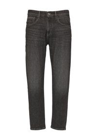 Jean en denim noir avec une coupe droite, cinq poches, un léger effet délavé et une fermeture à bouton à la taille.