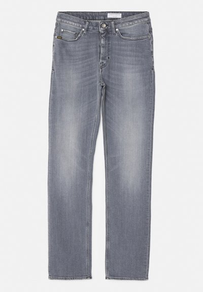 Grey denim jeans with a straight leg design, featuring front pockets, a button closure, and subtle fading across the fabric.