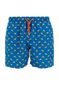 Costume da bagno blu con un motivo di piccoli pesci gialli. Include un cordino rosso in vita con punte metalliche alle estremità.