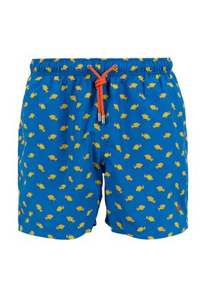 Costume da bagno blu con un motivo di piccoli pesci gialli. Include un cordino rosso in vita con punte metalliche alle estremità.