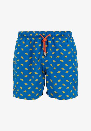 Costume da bagno blu con un motivo di piccoli pesci gialli. Include un cordino rosso in vita con punte metalliche alle estremità.