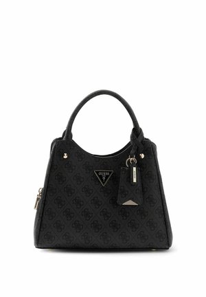 Sac à main noir Guess avec doubles poignées, motif logo signature, logo métallique triangulaire et étiquette attachée avec porte-clés.