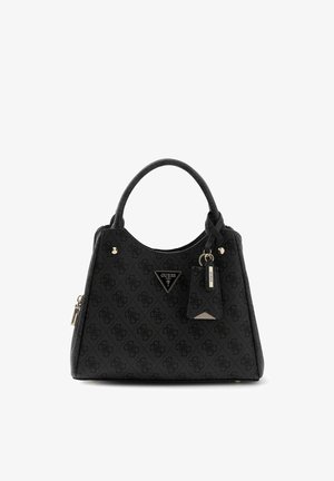 Sac à main noir Guess avec doubles poignées, motif logo signature, logo métallique triangulaire et étiquette attachée avec porte-clés.