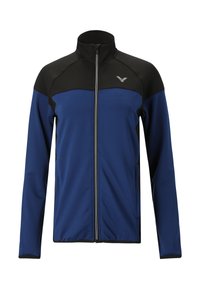 Blå og sort zip-up jakke lavet af blødt stof. Har en høj krave, paneldesign og logo på brystet. Har sidelommer.