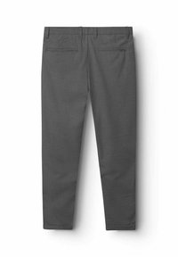 Gray pants with a textured fabric, straight leg design, two back pockets, and a flat waistband. No visible hardware or patterns.