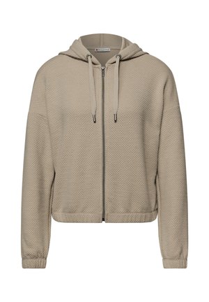 Sweat à capuche zippé beige texturé avec cordons de serrage, manches longues et poignets élastiques, étiqueté "Street One" à l'intérieur du col.