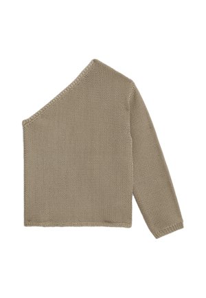 Asymmetrischer beiger Strickpullover mit einem langen Ärmel, strukturiertem Muster und einem weiten, offenen Halsauschnitt. Weiches, atmungsaktives Material.