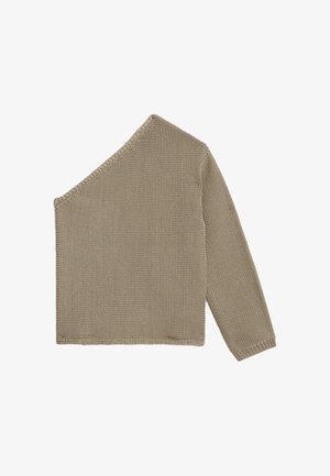 Asymmetrischer beiger Strickpullover mit einem langen Ärmel, strukturiertem Muster und einem weiten, offenen Halsauschnitt. Weiches, atmungsaktives Material.