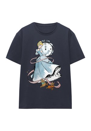 Navy cotton t-shirt featuring a graphic of a character in a light blue gown alongside two animals, surrounded by swirling ribbons and a clock.