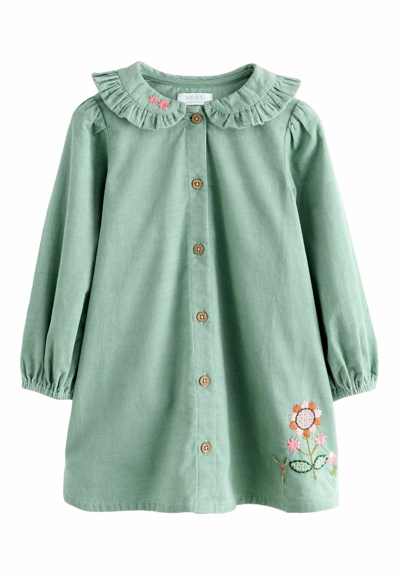 Knopfverschlusskleid aus weichem grünen Cord mit einem gefransten Kragen, puffigen Ärmeln und floralen Stickereien in Pink und Orange.